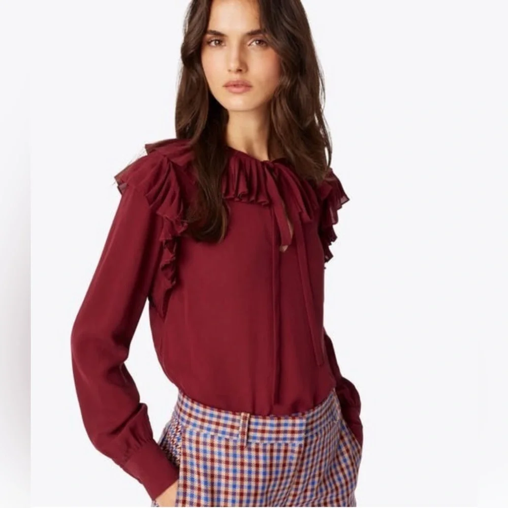 Tory Burch‎ Diana Silk Blouse Ruffled Neck Lined Imperial Garnet Sz 10